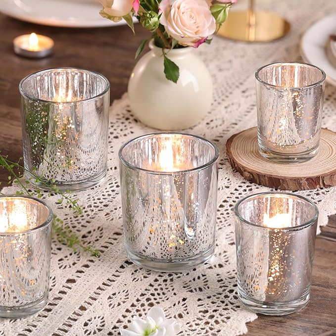 Volens 24pcs Assorted Silver Votive Candle Holders for Wedding Table Centerpieces, Large Mercury Glass Candle Holder for Votive & Tealight Candle, Silver Party Decorations for Bridal and Baby Shower
