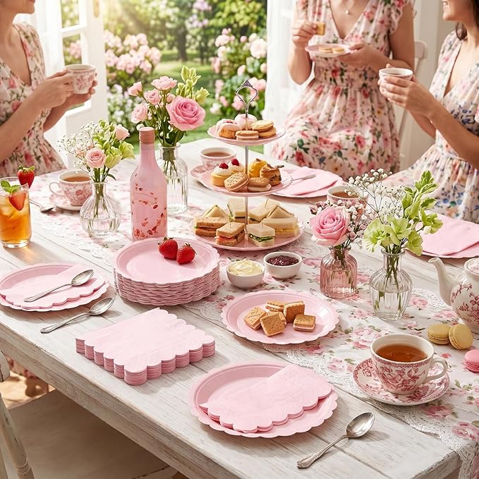 120 Pcs Pink Paper Plates and Napkins Party Supplies Bulk Disposable 7 Inch Scalloped Plates Cocktail Napkins for Wedding Bridal Baby Shower Birthday Decorations, Serve 60 Guests