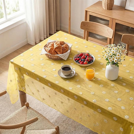 Horaldaily Yellow Embroidery Daisy Spring Summer Gauze Tablecloth 60×84 Inch Rectangular, Seasonal Tulle Table Cover, Garden Party Decorations for Wedding, Party, Holiday Dining