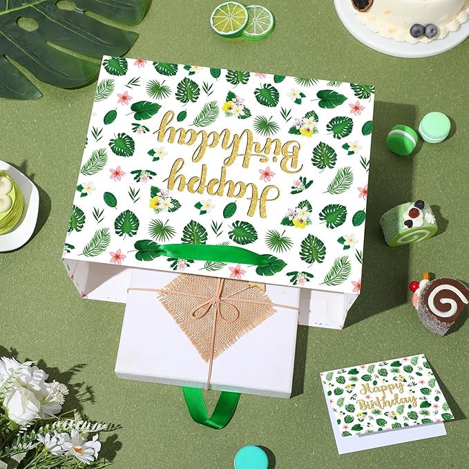 Yomaiha Tropical Hawaiian Birthday Gift Bag with Tissue Paper and Greeting Card, Summer Palm Leaves Happy Birthday Wrapping Paper Bag for Men Women Boys Girls Luau Party Decorations Supplies