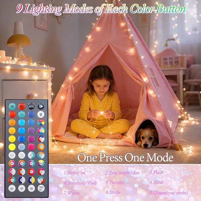 Lovelite Fairy Lights 34 Colors Changing, 2 Pack Total 40FT 120LED 4th of July String Lights Battery USB Operated, Waterproof Twinkle Lights with Remote for Holiday Wedding Party Indoor Outdoor