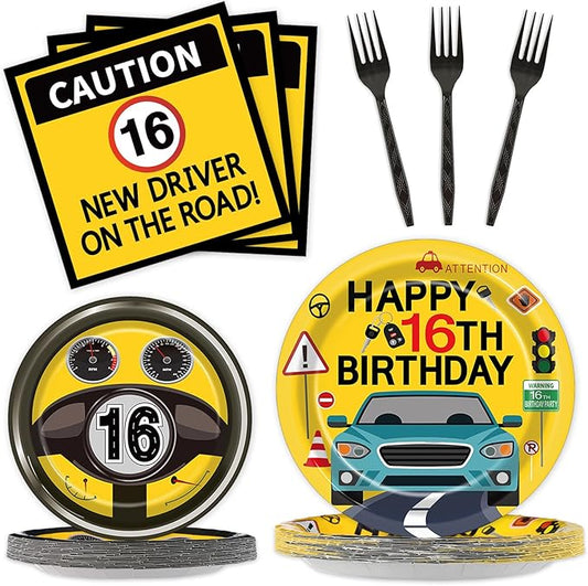 100 Pcs Drivers License 16th Birthday Party Decorations New Driver Car Plates and Napkins Set Disposable Racing 16 Years Old Paper Tableware for Boys Learner Driver Theme Supplies Serves 25