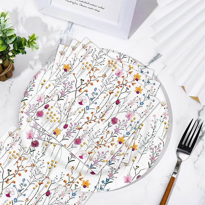 Whaline 100pcs Floral Party Supplies Kit Serves 50 Wildflower Paper Plates and Napkins Flower Disposable Tableware Decorative Dinnerware Set for Spring Picnic Wedding Birthday Baby Shower Party