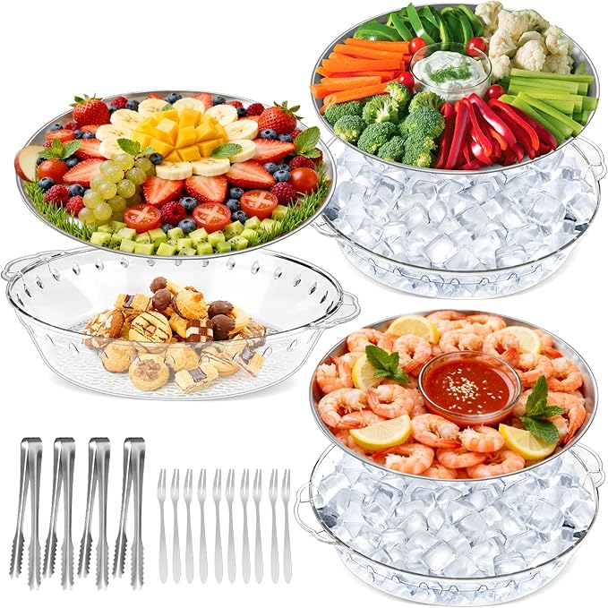 Chilled Serving Trays for Parties, 3 Set 11.8" Compartment Charcuterie Platters for Serving Food Party Shrimp Cocktail Servings Dish Keeps Food Cold for Vegetable Fruit, Cheese, Seafood & Dip