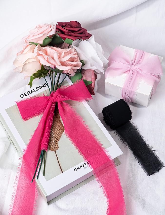 Chiffon Ribbon, Pink Black 1.5''x21Yd Frayed Fringe Halloween Ribbons for Gift Wrapping, Handmade Ribbon for Floral Vase, Mother's Day, Cartoon Party, Wedding, Birthday, Engagement, 3 Rolls