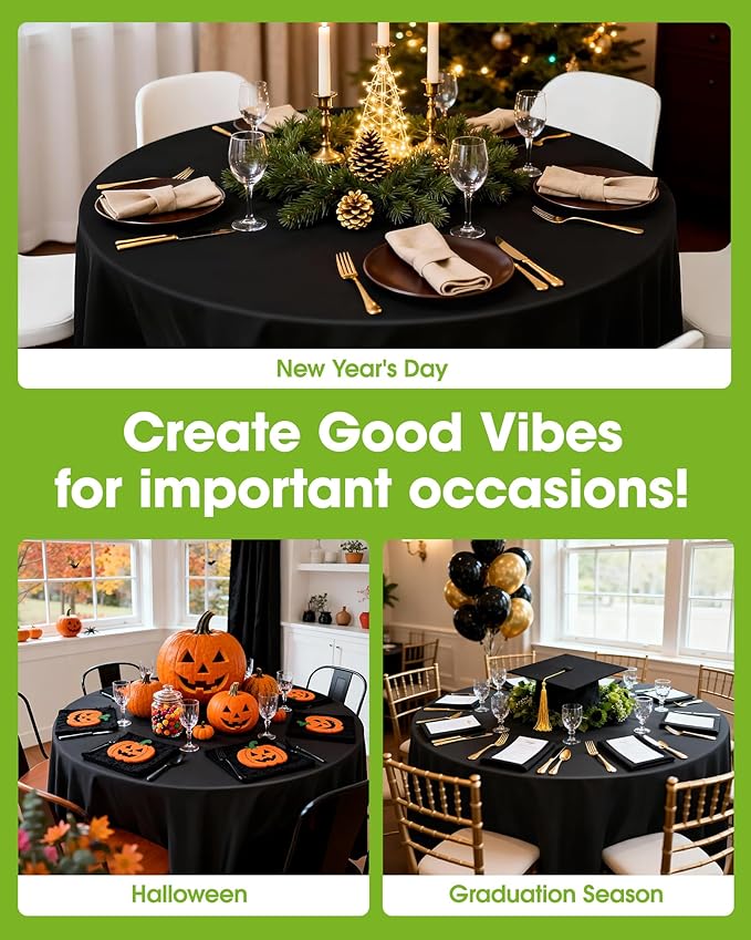 Pureegg Plastic Table Cloth Disposable 6 Pack, 84'' Round Table Cloths, Halloween Party Decorations, Summerween Decor, Halloween Tablecloths, Round, Plastic Cover, Waterproof, Black
