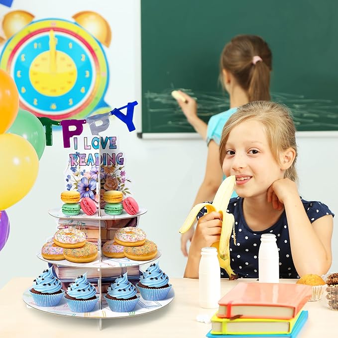 Haooryx Cupcake Dessert Display Stand - 2 Pcs 3 Tier I LOVE READING Watercolor Cupcake Dessert Table Display Tower Cardboard Cake Holder Serving Tray Baby Shower Birthday Tea Party Decoration Supplies