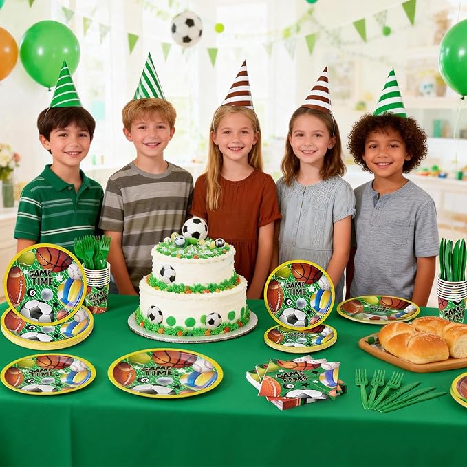 144Pcs Sport Ball Birthday Party Supplies Decorations Ball Themed Paper Plates Napkins Vintage Party Tableware Disposable Dinnerware for Men Boy Birthday Baby Shower Table Decor, Serve 24