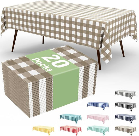 misaya 20 Packs Buffalo Disposable Table Cloth, 54 x 108 Inch Waterproof Plastic Tablecloth, Rectangle Khaki and White Checkered Table Covers for Picnic, Birthday, Party