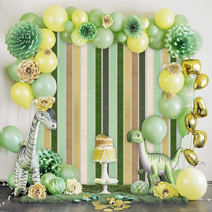 Camp Bachelorette Decorations, 12 Rolls Sage Green & Gold Crepe Paper Streamers for Green Boho Birthday Engagement Wedding Bridal/Baby Shower, Dinosaur Jungle Woodland Party