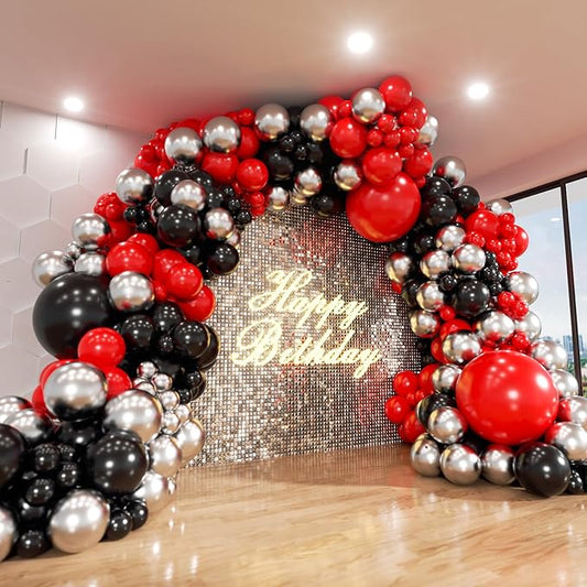 Red and Black Balloons Arch Kit, ADOINBY 140Pcs Matte Red Black Metallic Silver Garland kit, 18 12 10 5 Inch Different Size Balloons for Birthday Party Anniversary Wedding Graduation Prom Decorations