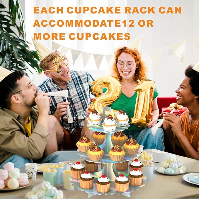 2 Pack Rainbow Silver Cupcake Stand Tower, 3-Tier Round Cardboard Cake Stand, Paper Cake Holder for Dessert Table Displays, Baby Shower Birthday Wedding Party Supplies (Laser)