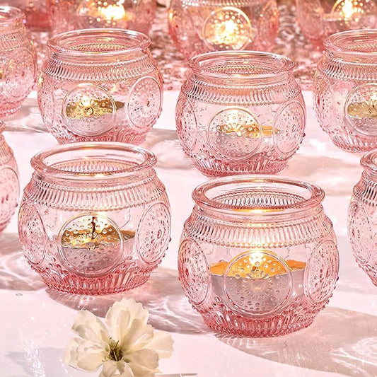 24 Pcs Pink Candle Holder for Bridal Shower, Wedding Table Decorations- Floral Style Pink Votive Candle Holder, Centerpieces for Birthday, Engagement Party Decor