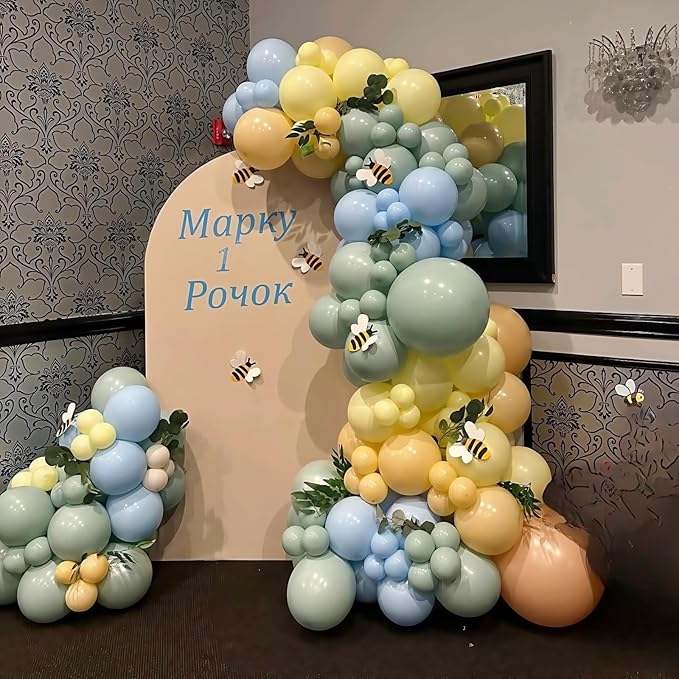 Sage Green Dusty Blue Yellow Balloons Set, 60Pcs 12 Inch Olive Green Macaron Yellow Slate Blue White Sand Cream Latex Balloons for Birthday Wedding Baby Shower Wild One Party Deocrations Supplies