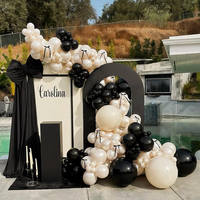Black White Gold Balloon Garland Kit, 115Pc Beige Sand Black Cream Metallic Gold Balloon Arch Explosion Star Foil Balloons for Girls Women Birthday Bachelorette Graduation Coquette Party Decoration