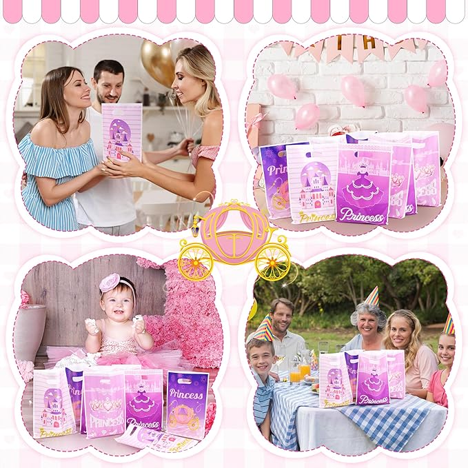 Nuesaurd 100Pcs Princess Party Favor Bags, Plastic Princess Goodie Gift Bags,4 Styles Pink 9.8"x6.7" Castle Candy Treat Bags for Kids Birthday Party Baby Shower Wedding Decorations