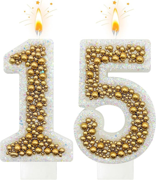 15 Birthday Number Candle for Cake, Glitter Number Candle with Gold Beads, Decorative Cake Topper for Milestone Celebrations