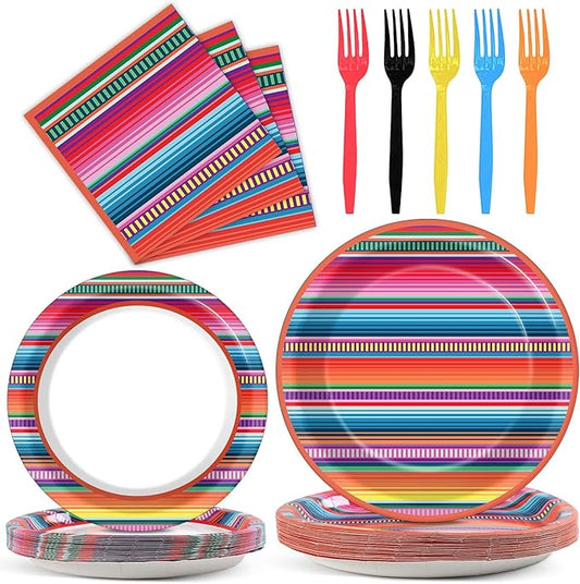 100PCS Mexican Fiesta Plates and Napkins Sets 5 Mayo Plates Mexican Fiesta Party Table Decor Supplies Serape Taco Paper Plate Disposable Tableware Colorful Stripes Pattern for Mexico Taco Party