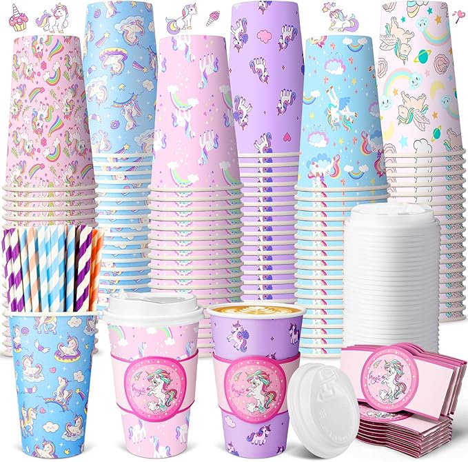 Jingmore 120 Sets 16oz Disposable Paper Coffee Cups with Lids Sleeves Straws Holiday Paper Drinking Cups Bulk for Hot Cold Beverages Home Business Cafe Birthday Party Supplies (Unicorn)