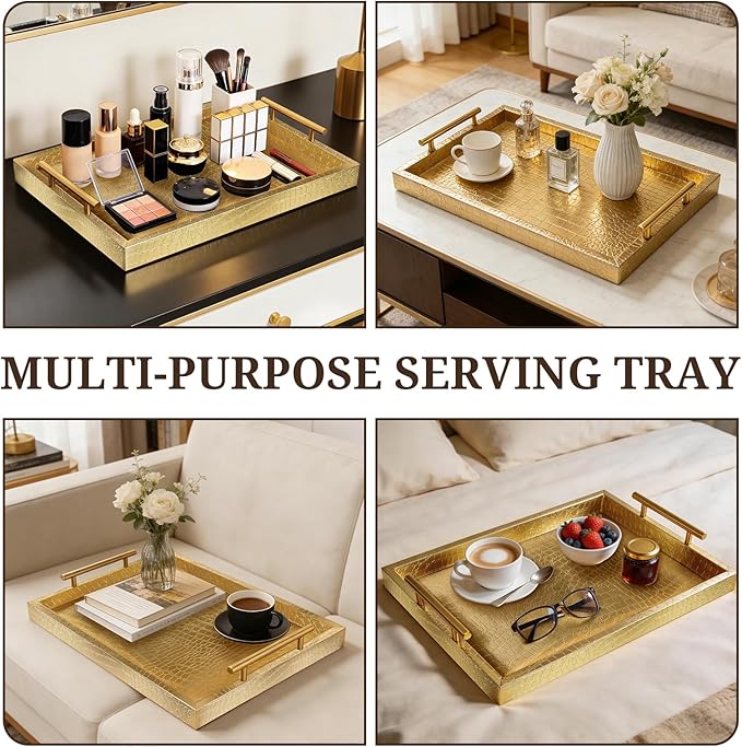 SXNOWS 17"x12" Gold Faux Leather Serving Tray with Gold Handles, Rectangle Decorative Tray for Ottoman, Coffee Table, Kitchen, Bar, Gift for Home Decor