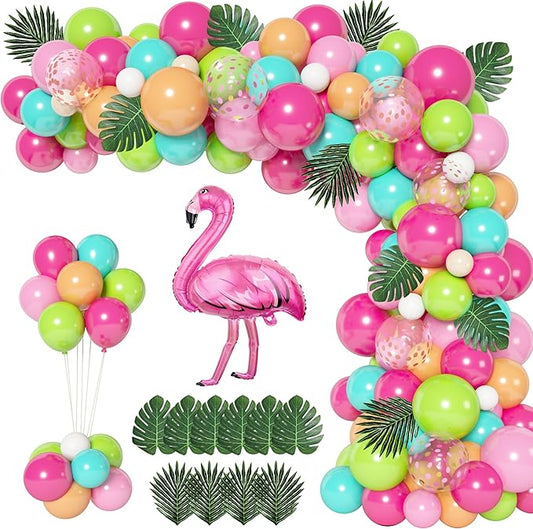 124Pcs Tropical Balloons Arch Garland Kit, Green Hot Pink Rose Gold Confetti Balloons Palm Leaves for Tropical Hawaiian Aloha Luau Flamingo Birthday Party Baby Shower Wedding Decorations
