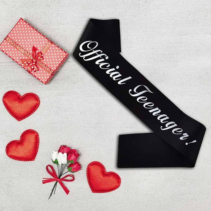 13th Birthday Sash, Silver Foil 'Official Teenager' Black Birthday Sash for Boy 13th Bday Party Decorations Gifts Favors