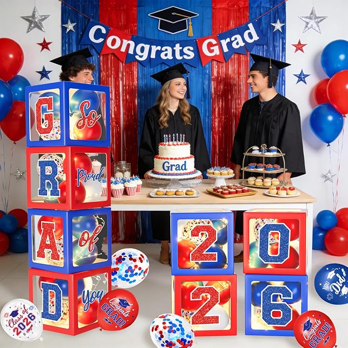 2026 Graduation Decorations, Red and Blue Graduation Decorations, Balloons Boxes (4PCS) with Letters 2026 GRAD So Proud of You, Congrats Grad Decorations for High School & College