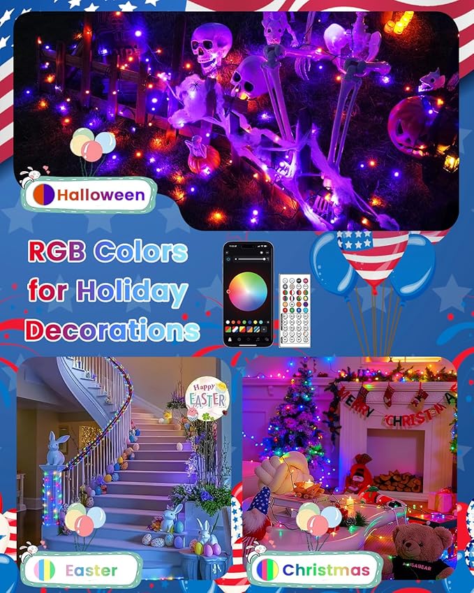 2Pack 400LED Smart 4th of July String Lights | 164FT App Controlled Red White and Blue Lights, Waterproof Patriotic RGB Color Changing String Lights with Remote & Timer Indoor Outdoor for Memory Day