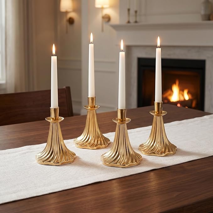 Taper Candle Holders Set of 4 - Victorian Style Gold Vintage Modern Decor, Table Mantel Centerpiece for Wedding Housewarming, Fits Standard Taper Candles