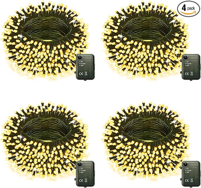 Pooqla 4-Pack Warm White LED String Lights, 66.6ft 200 LED Battery-Operated Twinkle Fairy Lights for Indoor Outdoor Classroom Dorm Bedroom Tree Party Décor