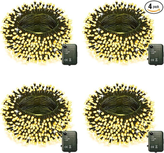 Pooqla 4-Pack Warm White LED String Lights, 66.6ft 200 LED Battery-Operated Twinkle Fairy Lights for Indoor Outdoor Classroom Dorm Bedroom Tree Party Décor