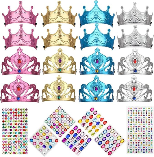 Catcan 23-Piece Foam Crowns Set, 16-Piece Princess Tiaras & Crowns Party Hats with 7 Sheets 500-Piece Crystal Diamond Sticker DIY Birthday Decoration Favor Supplies