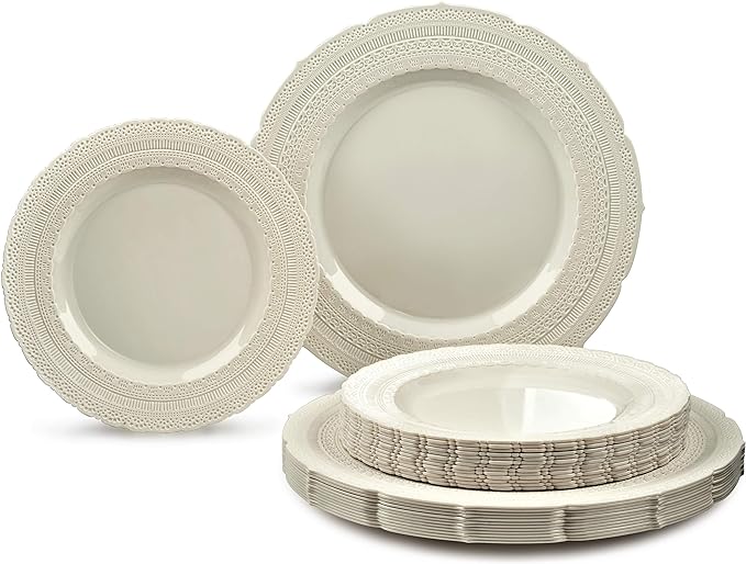 " OCCASIONS " 50 Plates Pack (25 Guests)-Extra Heavyweight Vintage Wedding Disposable/Reusable Plastic Plates -25 x 11'' Dinner + 25 x 8.25'' Salad/dessert (Chateau Collection Ivory)