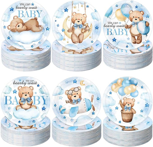 Funnymoom 60 Pcs 7 Inch Blue We Can Bearly Wait Plates for Baby Shower Blue Bear Tableware for Dessert Cake Bearly Wait Baby Shower Decorations Party Supplies for Gender Reveal Party