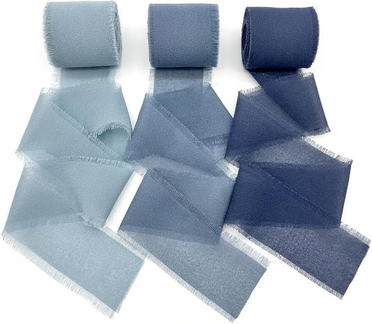 Gray Blue Chiffon Ribbon Set, 3 Pack 1.5 Inch Frayed Edge Polyester Chiffon Ribbon, 21 Yards Total Gray-Blue Palette for Wedding Bouquets, Invitation Styling and Gift Wrapping