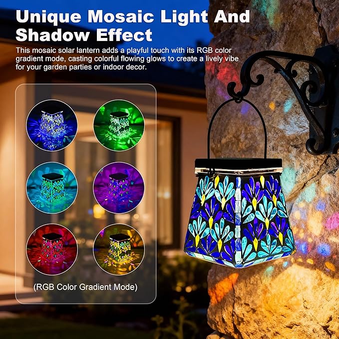 VOREEN Mosaic Solar Lantern, Colorful Mosaic Glass Decorative Lantern for Outdoor Garden & Patio, Tabletop or Hanging Solar Powered Light, Blue Petal Mosaic Design