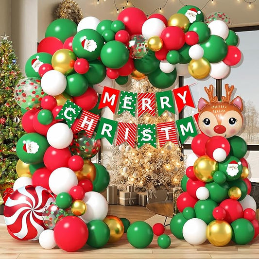 Mxdfafa 104PCS Christmas Balloon Arch Kit, Red Green White Gold Latex Balloons with Santa & Reindeer Foil Balloons, Merry Christmas Banner, DIY Garland Kit for Holiday Party Decor