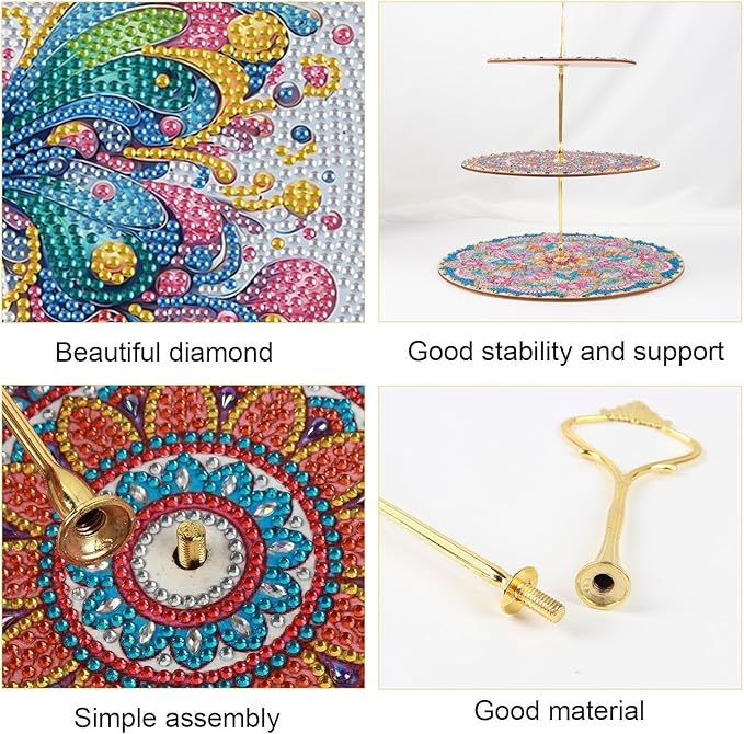 3 Tier Wooden Diamond Art Painting Cake Cupcake Display Stand Round Cupcake Stand Dessert Tower Pastry Tray Platter for Tea Party Wedding Birthday-Butterfly