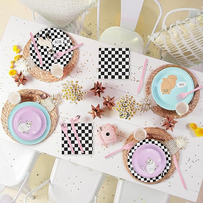 144Pcs Cat Birthday Party Supplies Decorations Cat Themed Paper Plates Napkins Vintage Party Tableware Disposable Pet Dinnerware Set for Kids Birthday Baby Shower Table Decor, Serve 24