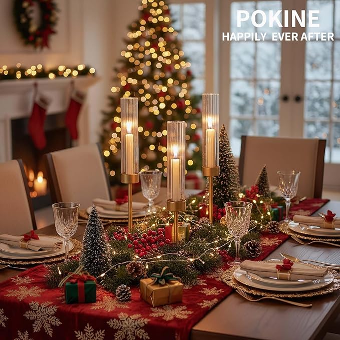 POKINE Tall Hurricane Candle Holders Set of 6, Gold Glass Taper Candlestick Holders for Wedding, Christmas, Dining Table, Party & Home Decor