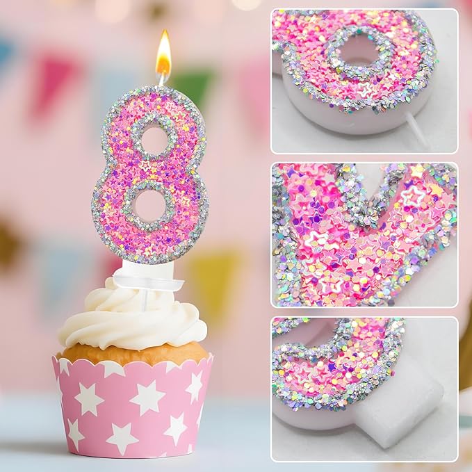 Number 8 Birthday Candle for Cake – Silver Glitter Edge with Pink Star Confetti – Decorative Number Cake Topper for Anniversary & Celebration Party Decor