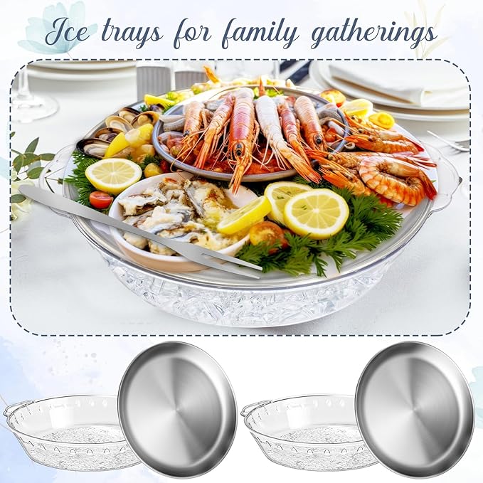 Baderke 6-Pack 11.8" Chilled Serving Tray Set with Ice Underneath, Stainless Steel Clip, Fruit Fork; Modern Round Iced Platter for Parties, Shrimp Cocktail, Oysters, Crawfish, Fruits
