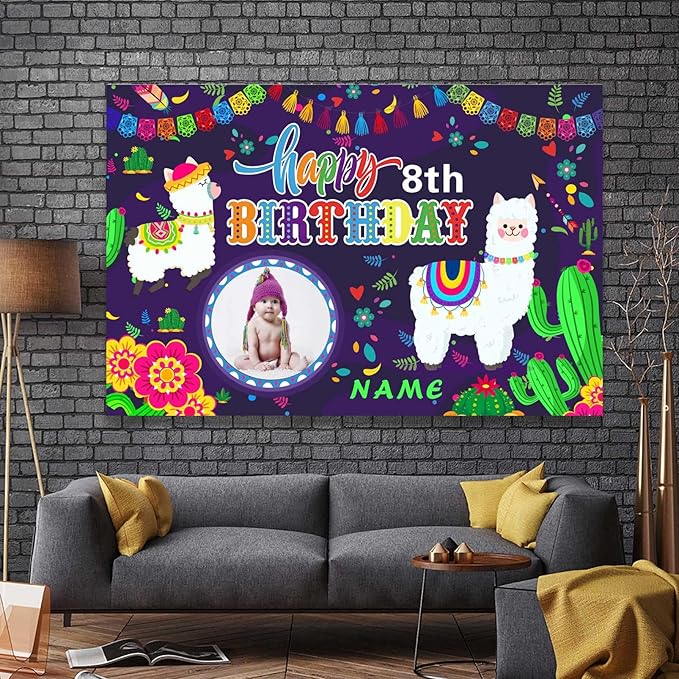 Custom Llama Cactus Happy Birthday Party Decorations Supplies Personalized Mexican Llama Cactus Birthday Backdrop Banner(4x6ft)