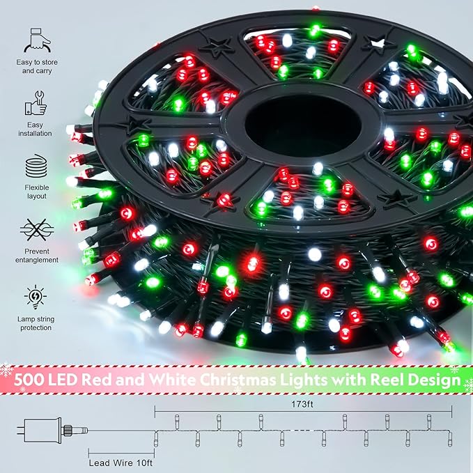 JMEXSUSS 500 LED Red White and Green Christmas Lights, 173ft Christmas Tree Lights Outdoor Waterproof, 8 Modes Twinkle String Lights for House Xmas Tree Party Holiday Decor