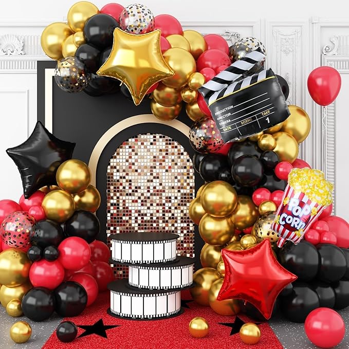Movie Night Balloon Garland Arch Kit, Red Black Gold Balloons with Camera Star Foil Popcorn Flim Clapperboard Balloons for Birthdays Anniversaries Movie Theater Film Party Decorations