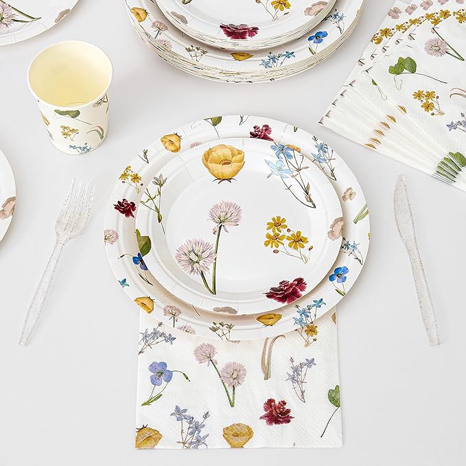 144Pcs Spring Wildflower Party Supplies Birthday Decorations Paper Plates Napkins Vintage Puppy Party Tableware Disposable Dinnerware Set for Baby In Bloom Baby Shower Decoration Decor, Serve 24