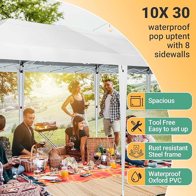 COBIZI 10x30 Pop Up Canopy Tent for Parties with 8 Sidewalls Waterproof Commercial Instant Canopy 10x30 Party Tent for Backyard, Wedding Portable Outdoor Gazebo with Carrybag&4 Sandbags(White