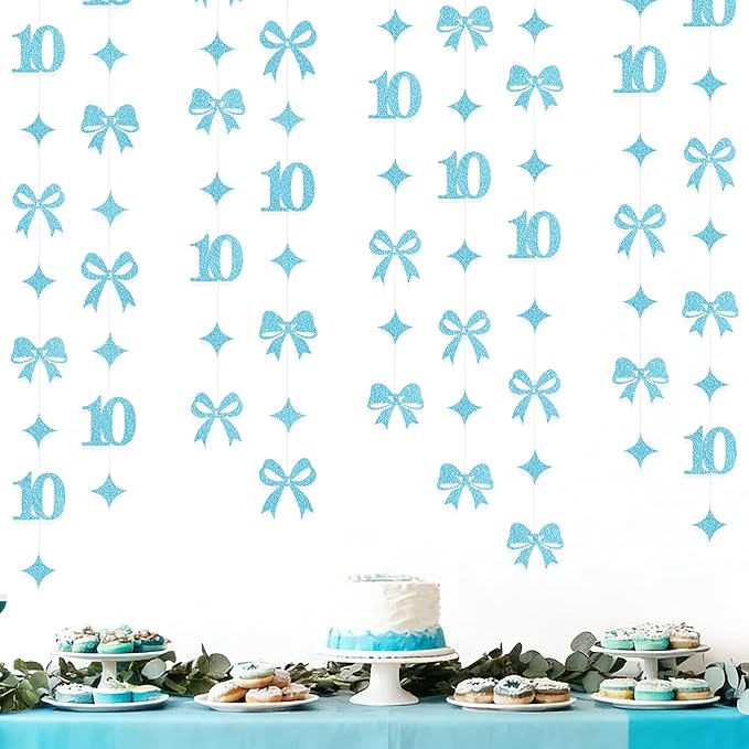 Glitter Blue 10th Bow Birthday Decorations Teal Blue Conquette Bow Garland Streamer Banner Backdrop for Girls Happy 10th Birthday Double Digits I'm 10 Cheers to 10 Years Old Anniversary Party Supplies