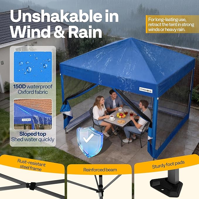 VIVOHOME 8x8ft Easy Pop-Up Canopy, Outdoor Screen Tent with Mosquito Netting, 2 Zipper Doors, and Roller Bag for Yard Camping Picnic Party Events, Blue