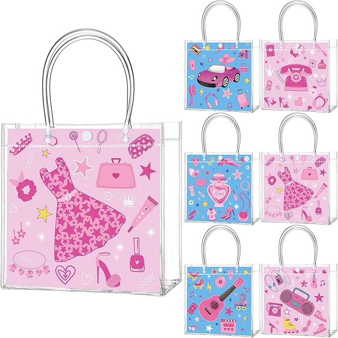 Aliceset 24 Pcs Gift Bags with Handle Clear PVC Candy Treat Goodies Tote Bags for Summer Birthday Party Favor Supplies